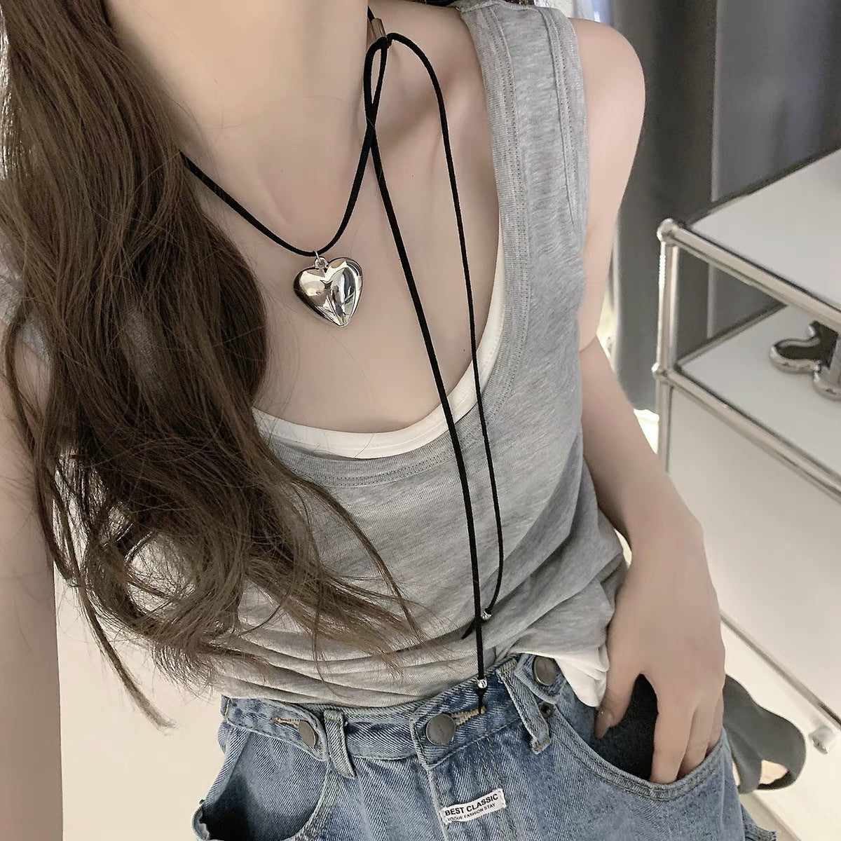 韩素希同款项链女甜酷辣妹爱心黑绳系带项圈时尚百搭锁骨链颈链潮