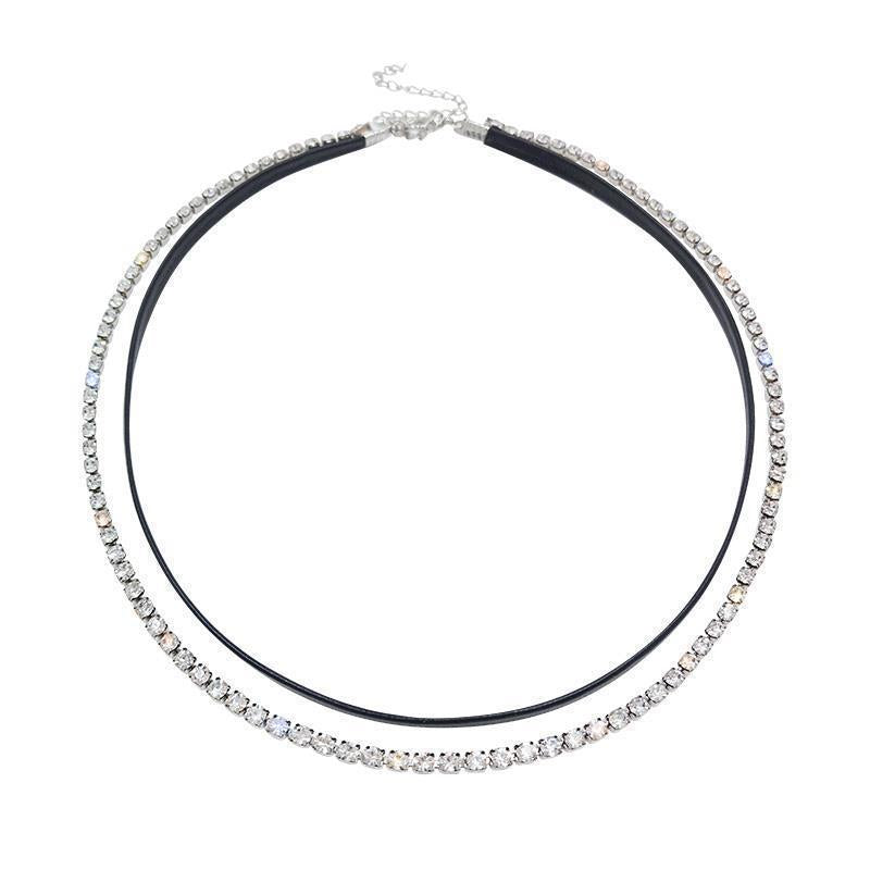 网红韩国简约设计黑色皮革双层闪钻项链女轻奢小众气质锁骨链性感