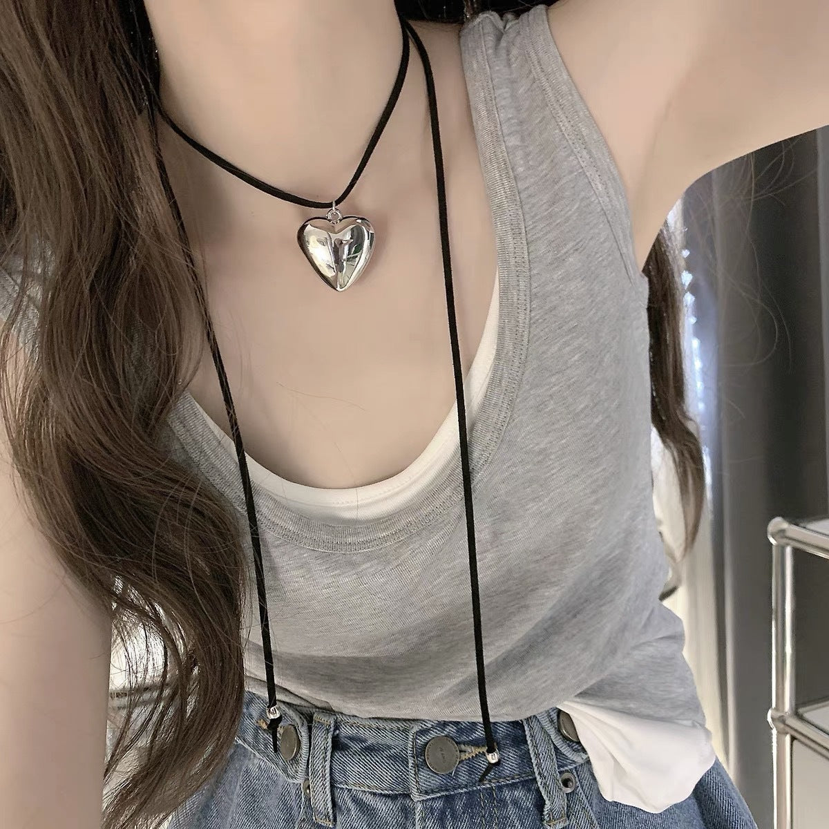 韩素希同款项链女甜酷辣妹爱心黑绳系带项圈时尚百搭锁骨链颈链潮