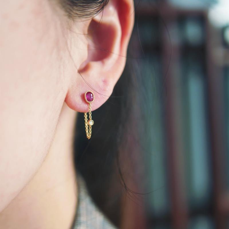 天然红宝石耳钉钻石耳环镶嵌女耳钉复古优雅简约时尚气质百搭款