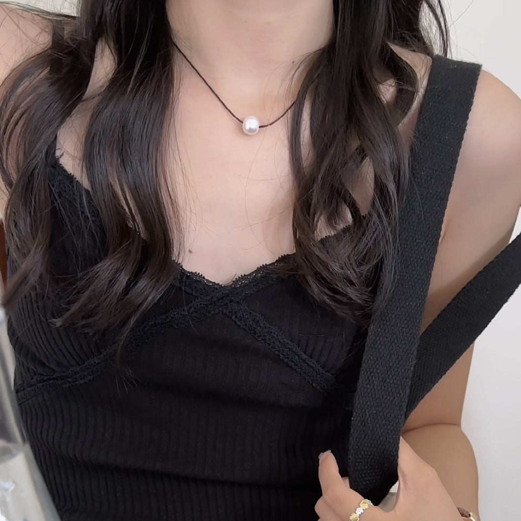 欧美黑绳带淡水珍珠项链小众高级设计感轻奢情侣锁骨链饰品颈链