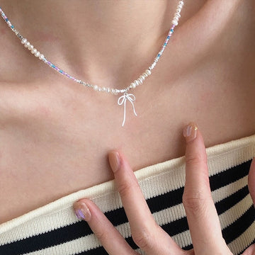 カラービーズミックスネックレス｜人工真珠+シルバーチェーン